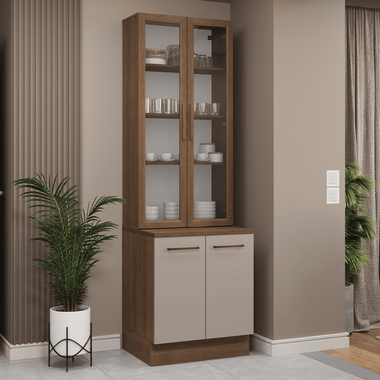 Kit Gabinete Bajo 2 Puertas y Vitrina 70 cm Marrón/Crema Agata Madesa