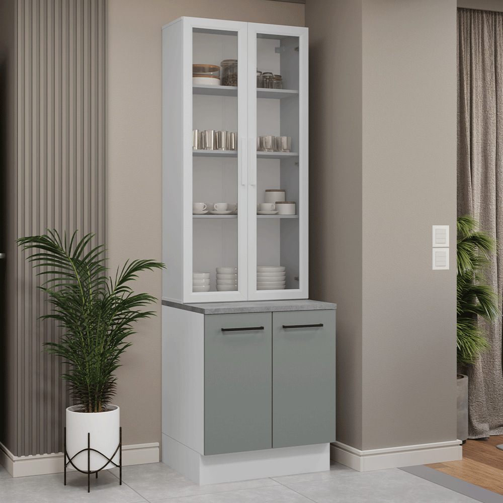Kit Gabinete Bajo 2 Puertas y Vitrina 70 cm Blanco/Gris Agata Madesa