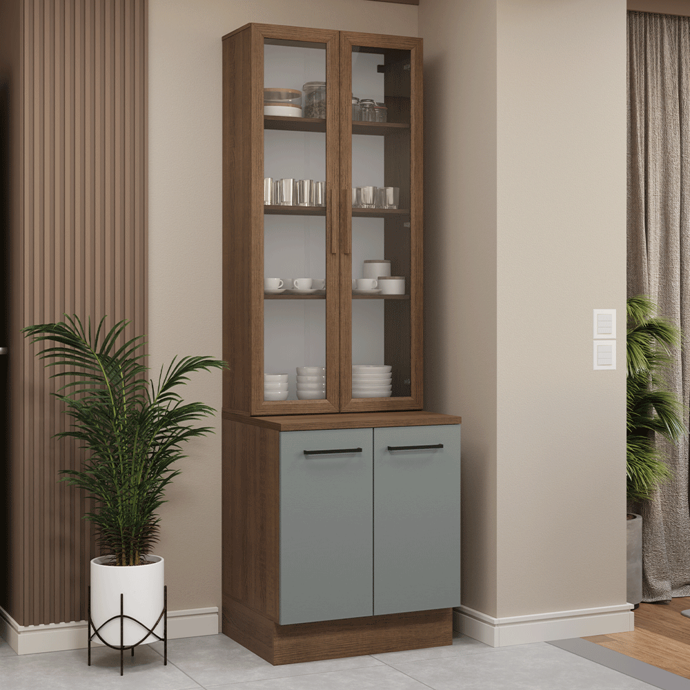 Kit Gabinete Bajo 2 Puertas y Vitrina 70 cm Marrón/Gris Agata Madesa