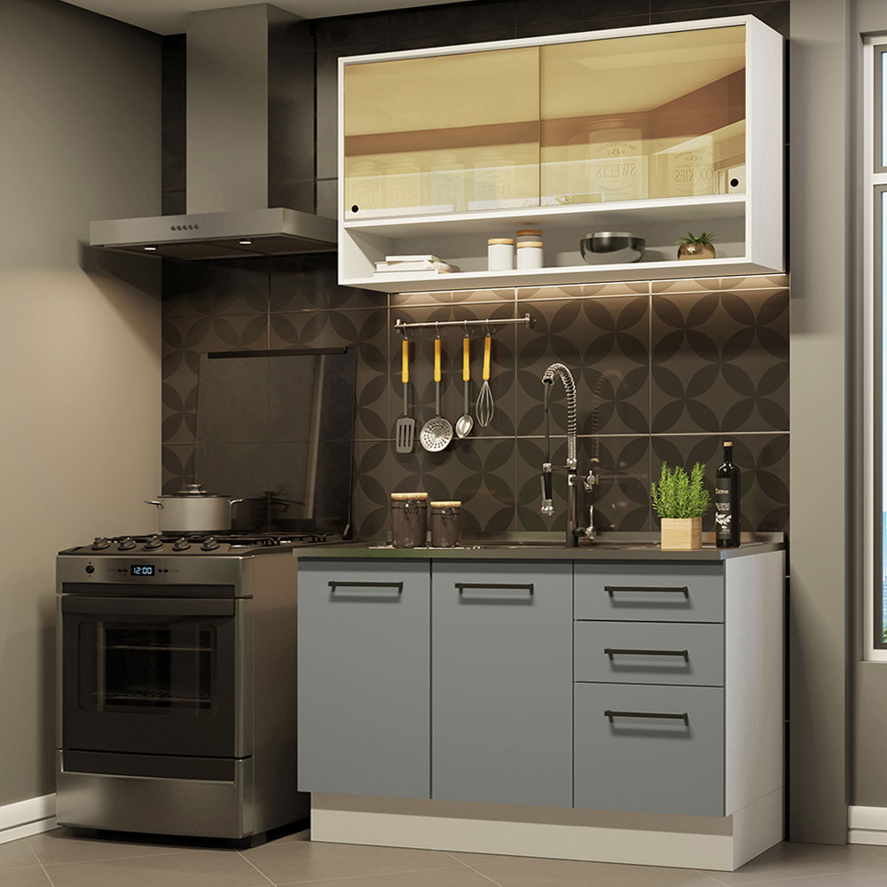 Cocina Compacta 120 x 52 cm 4 Puertas 3 Cajones Blanco/Gris Agata Madesa 01