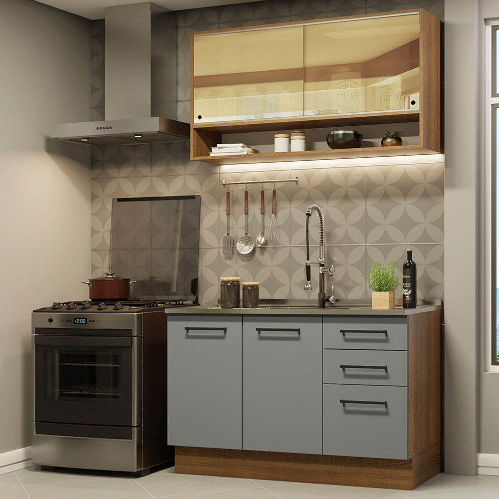 Cocina Compacta 120 x 52 cm 4 Puertas 3 Cajones Marrón/Gris Agata Madesa 01