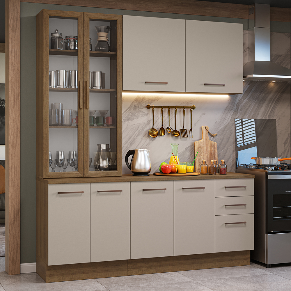 Cocina Compacta 190 cm Con Vitrina Marrón/Crema Agata Madesa