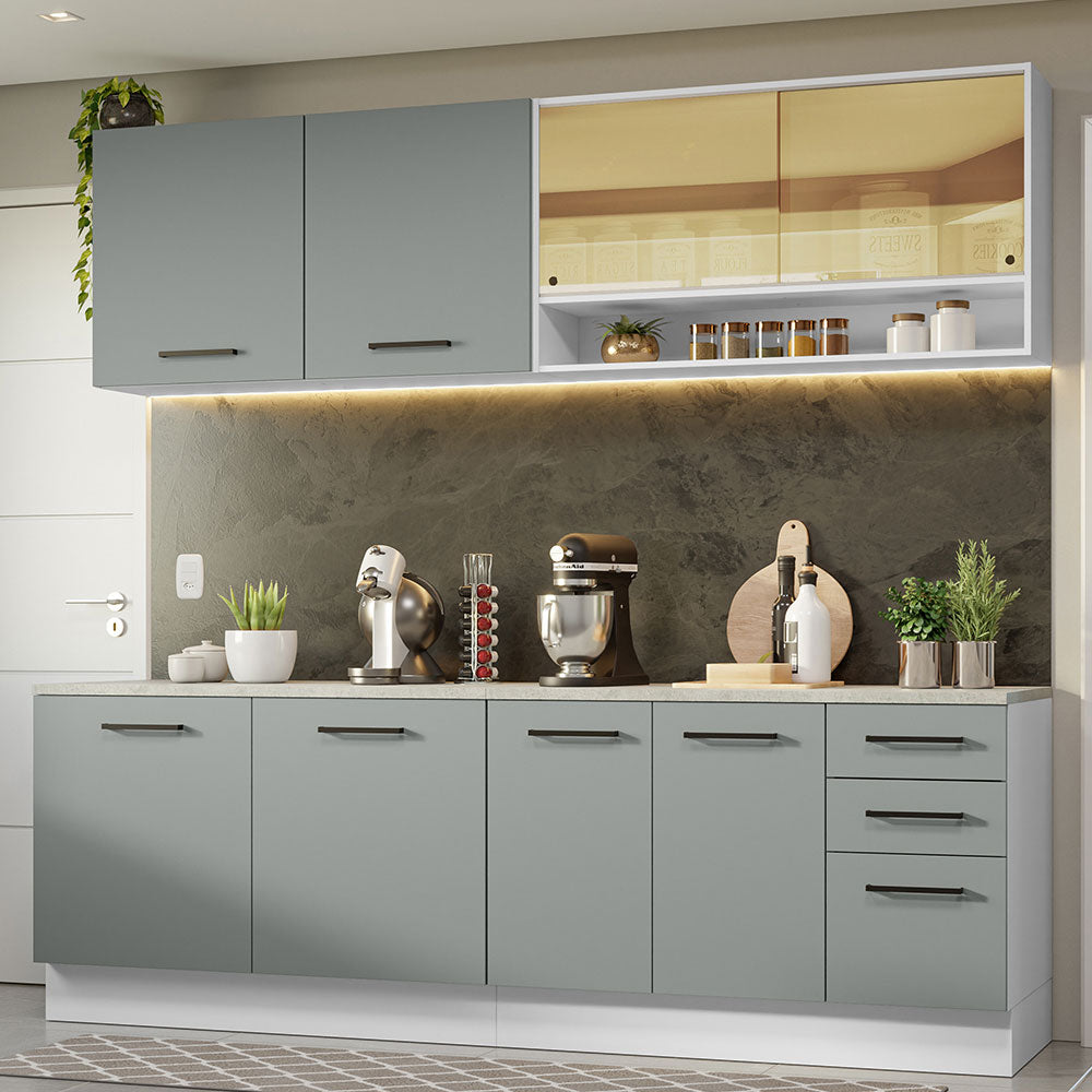 Cocina Compacta 240 x 60 cm 8 Puertas 3 Cajones Blanco/Gris Agata Madesa