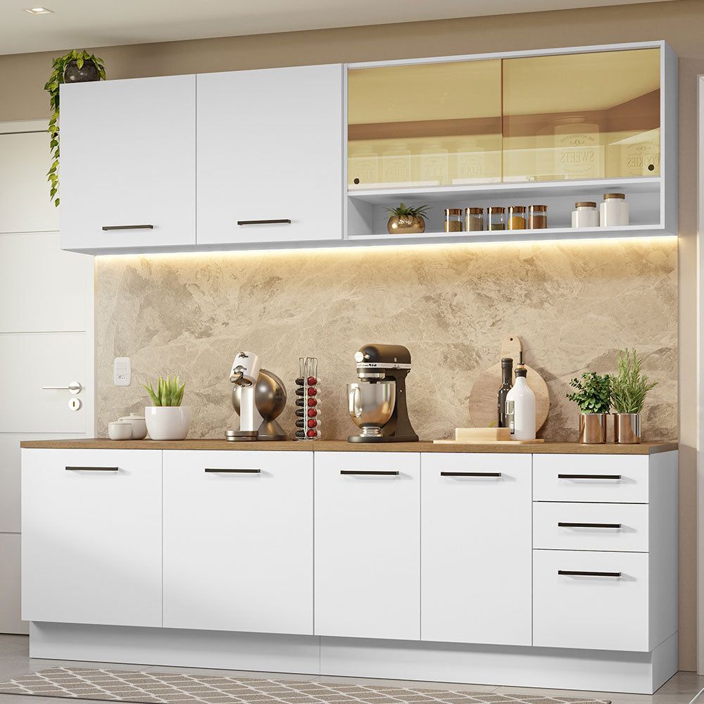 Cocina Compacta 240 x 60 cm 8 Puertas 3 Cajones Blanco/Marrón Agata Madesa