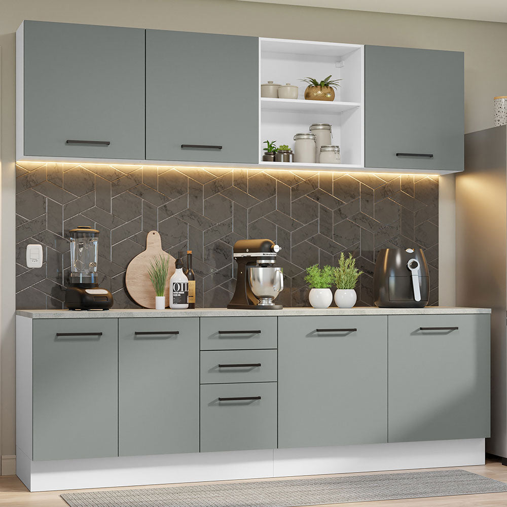 Cocina Compacta 240 x 60 cm 7 Puertas 3 Cajones Blanco/Gris Agata Madesa