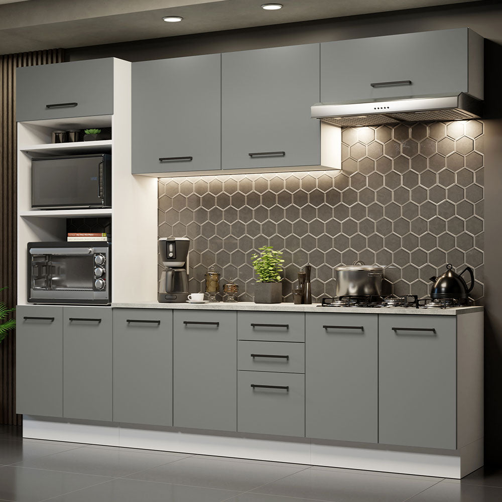 Cocina Integral 270 x 52 cm 10 Puertas 3 Cajones Blanco/Gris Agata Madesa 02