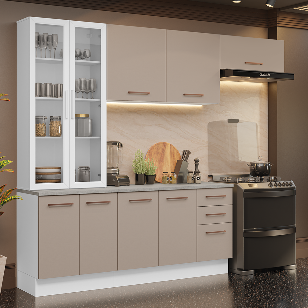 Cocina Integral 270 x 52 cm 9 Puertas 3 Cajones Blanco/Crema Agata Madesa