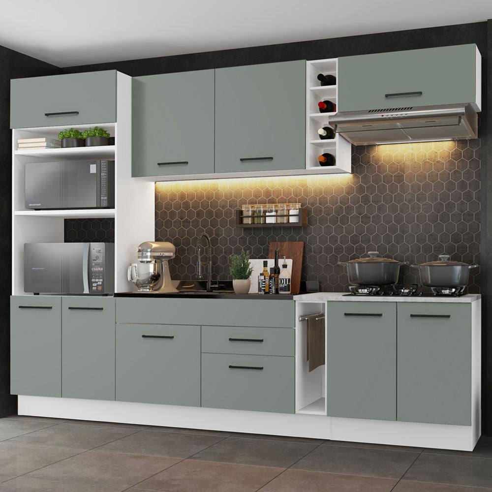 Cocina Integral 290 x 52 cm 9 Puertas 2 Cajones Con Mueble para Horno Blanco/Gris Agata Madesa