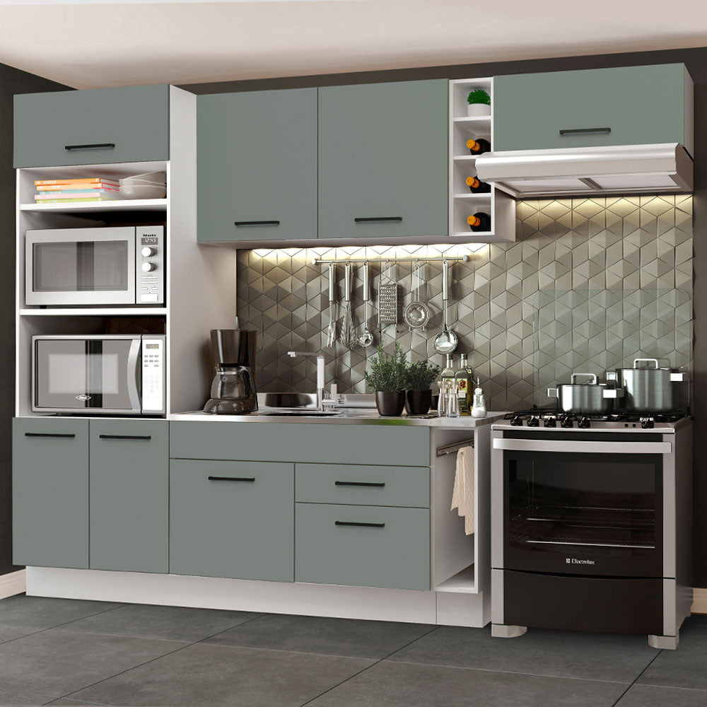 Cocina Integral 290 x 52 cm 7 Puertas 2 Cajones Con Mueble para Horno Blanco/Gris Agata Madesa