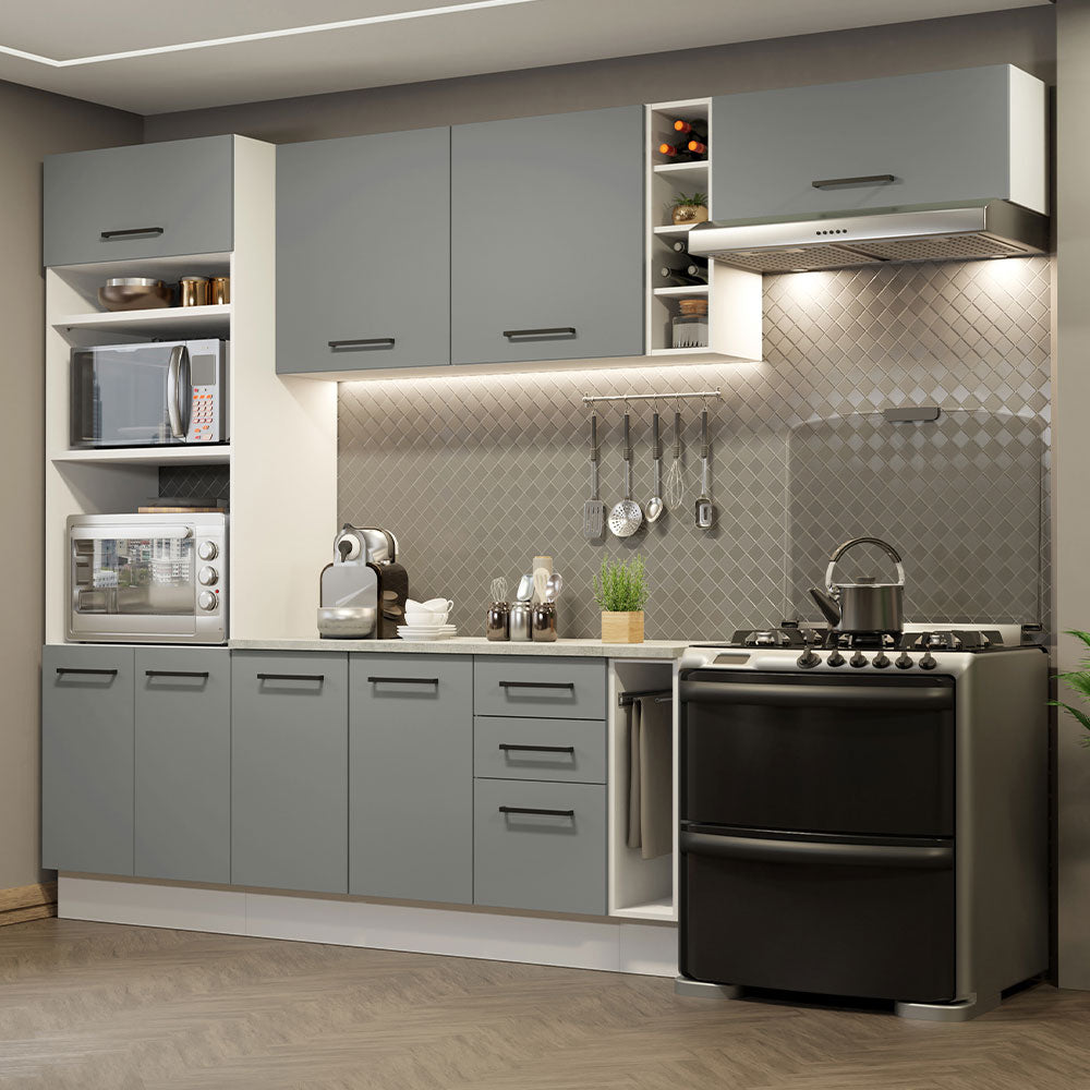 Cocina Integral 290 x 52 cm 8 Puertas 3 Cajones Con Mueble para Horno Blanco/Gris Agata Madesa 04