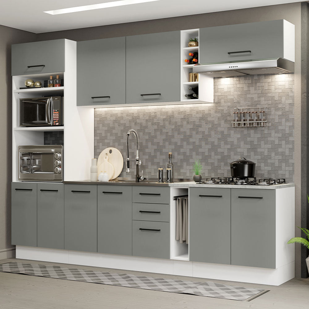 Cocina Integral 290 x 52 cm 10 Puertas 3 Cajones Con Mueble para Horno Blanco/Gris Agata Madesa 05