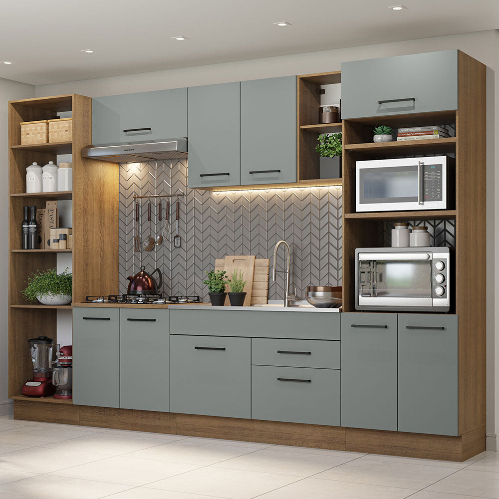 Cocina Integral 330 x 52 cm 9 Puertas 2 Cajones Con Mueble para Horno Marrón/Gris Agata Madesa