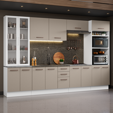 Cocina Integral 340 cm Con Mueble para Horno y Vitrina Blanco/Crema Agata Madesa