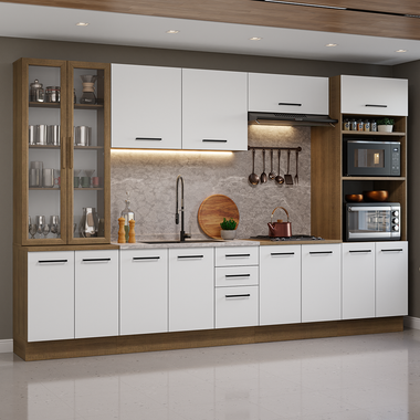 Cocina Integral 340 cm Con Mueble para Horno y Vitrina Marrón/Blanco Agata Madesa