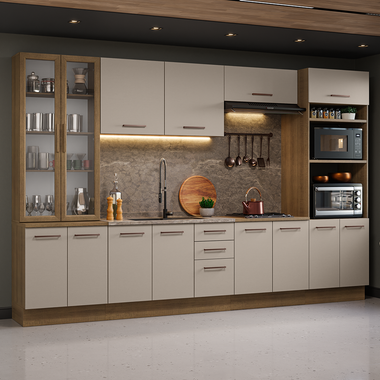 Cocina Integral 340 cm Con Mueble para Horno y Vitrina Marrón/Crema Agata Madesa