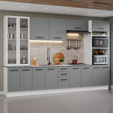 Cocina Integral 340 cm Con Mueble para Horno y Vitrina Blanco/Gris Agata Madesa