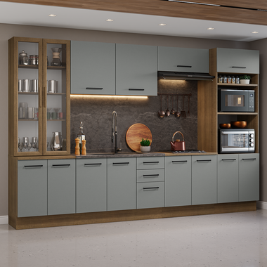Cocina Integral 340 cm Con Mueble para Horno y Vitrina Marrón/Gris Agata Madesa