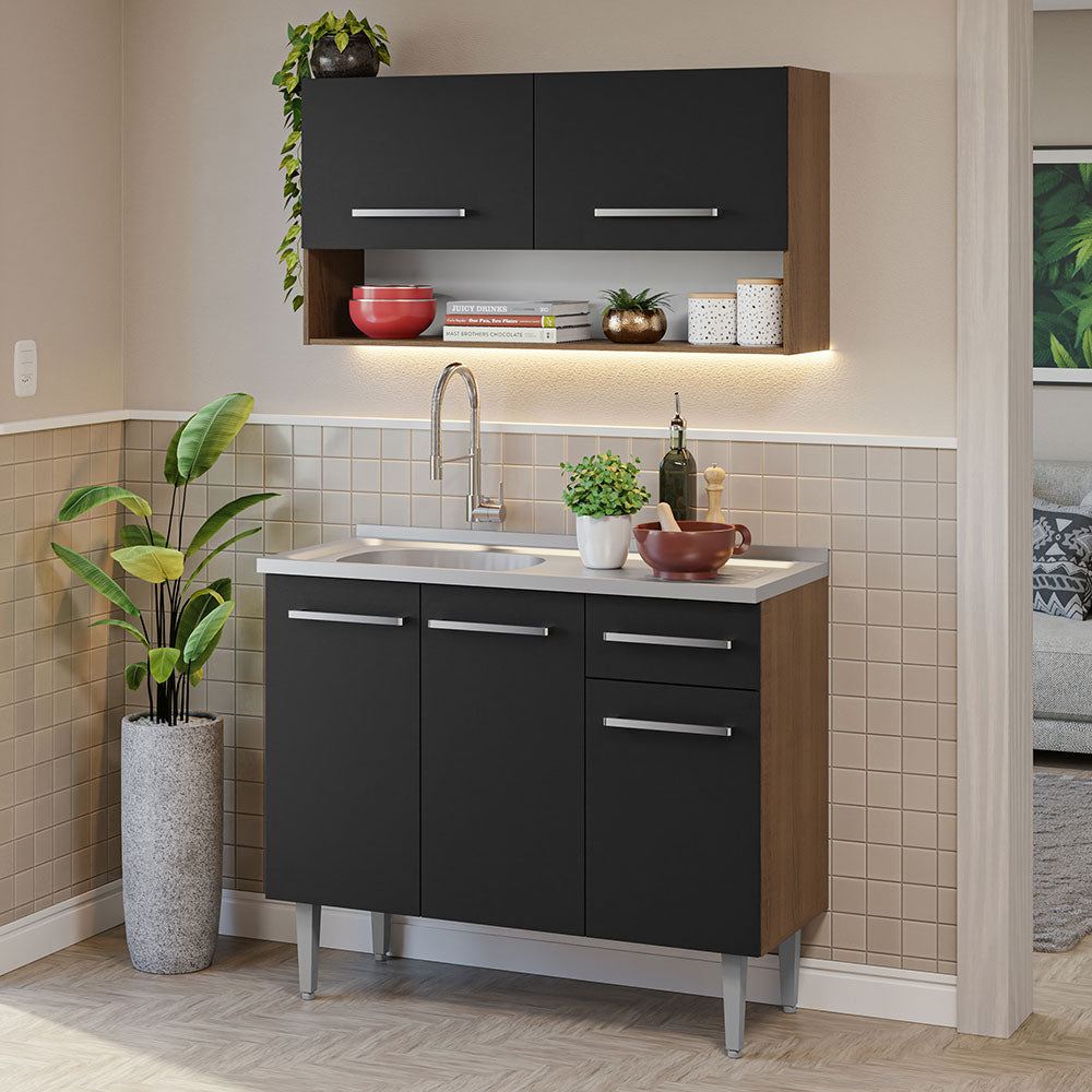 Cocina Integral 105cm con Tarja Marrón/Negro Emilly 04