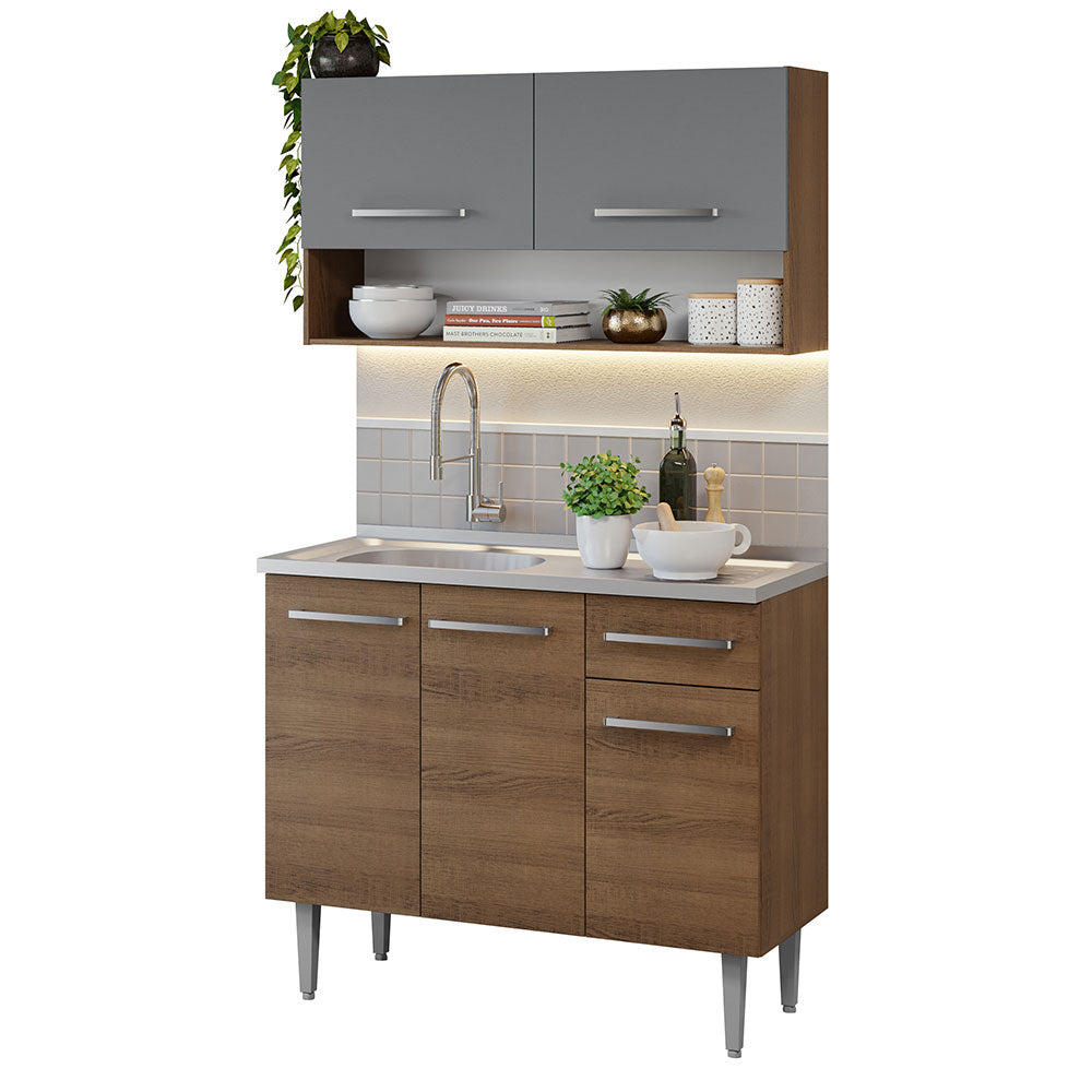 Cocina Integral 105cm con Tarja Marrón/Gris Emilly 04