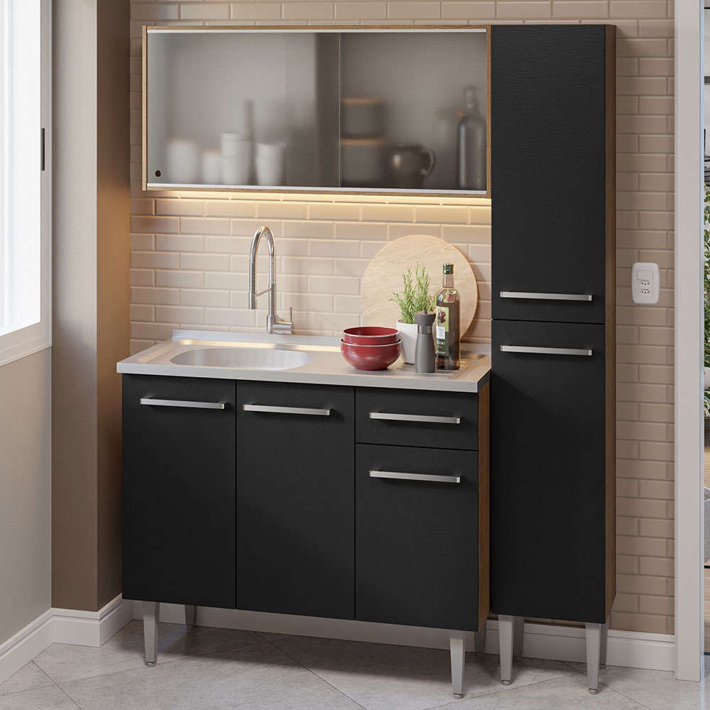 Cocina Compacta 137cm con Fregadero Marrón/Negro Emilly 07