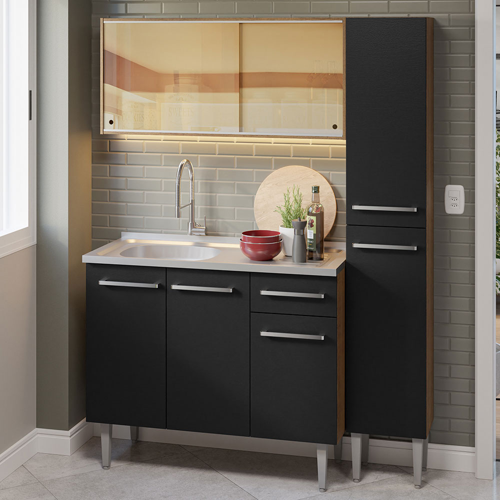 Cocina Compacta 137cm con Fregadero Marrón/Negro Emilly 08