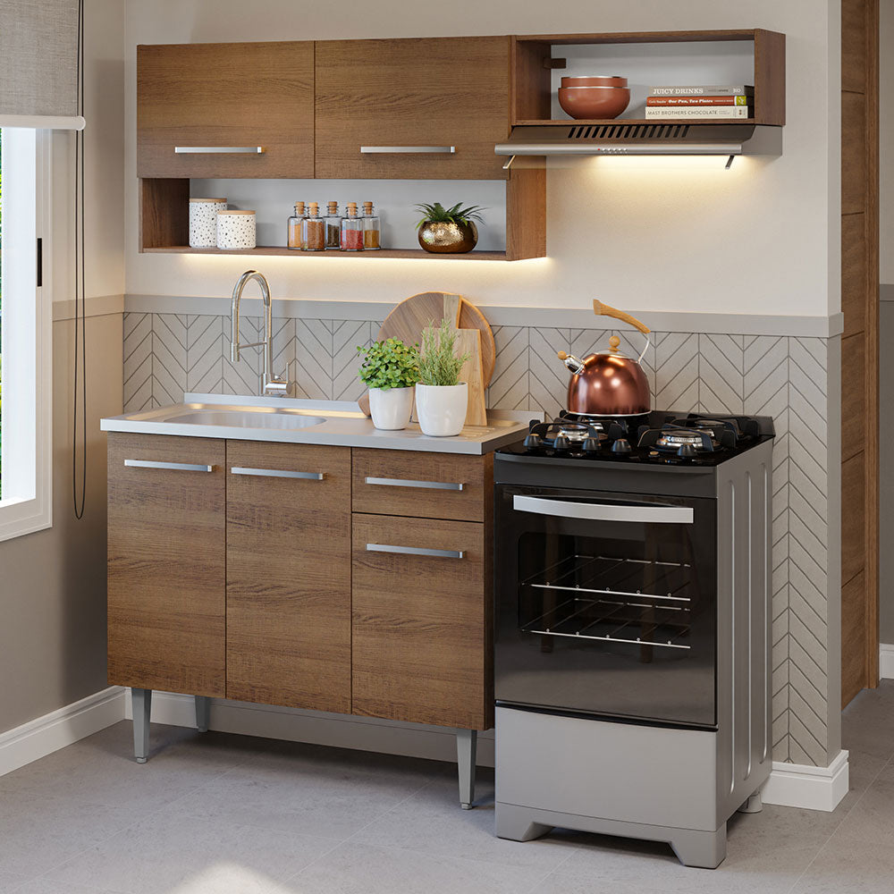 Cocina Compacta 165 cm 5 Puertas 1 Cajón Con Fregadero Marrón Emilly Madesa 09