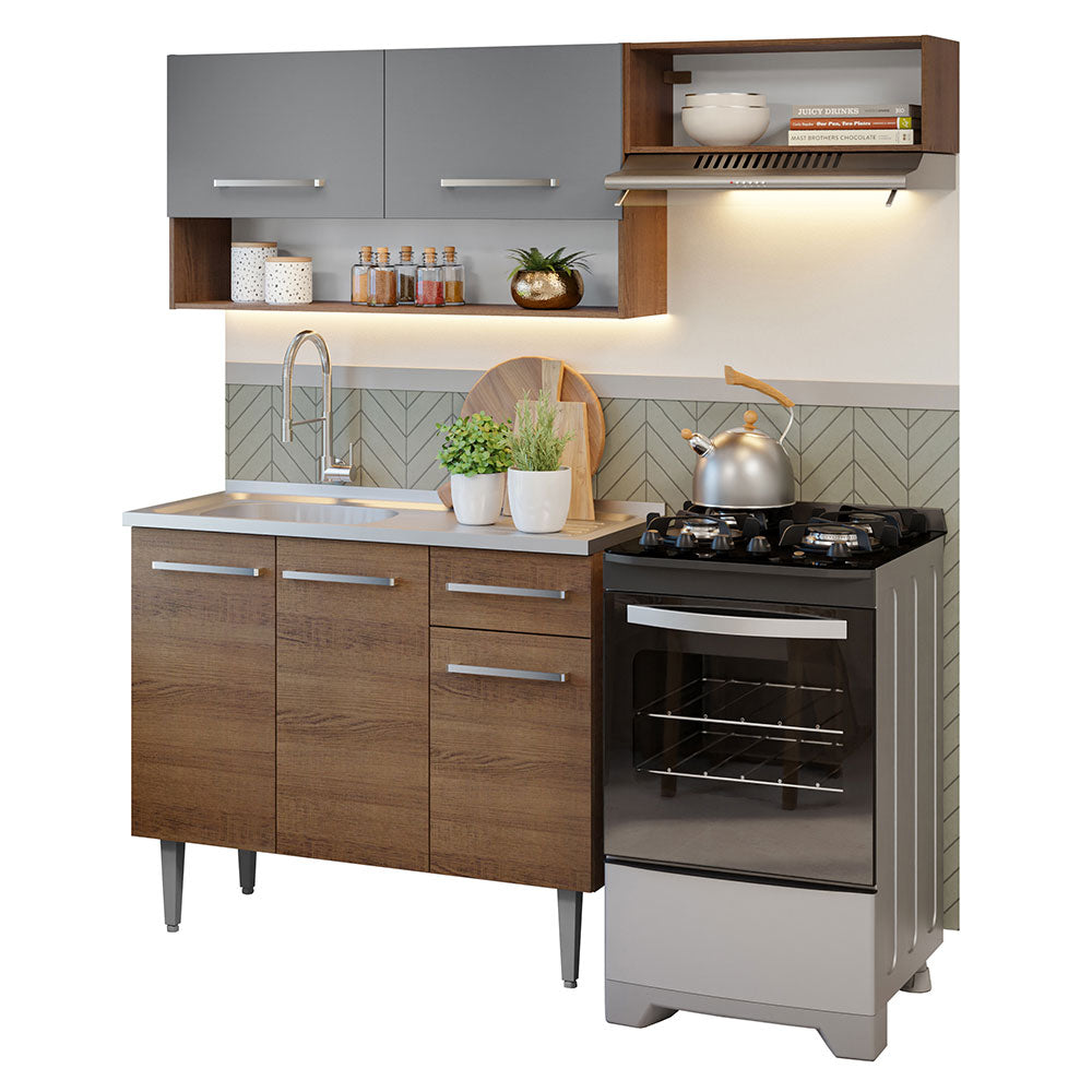 Cocina Integral 165cm con Tarja Marrón/Gris Emilly 09