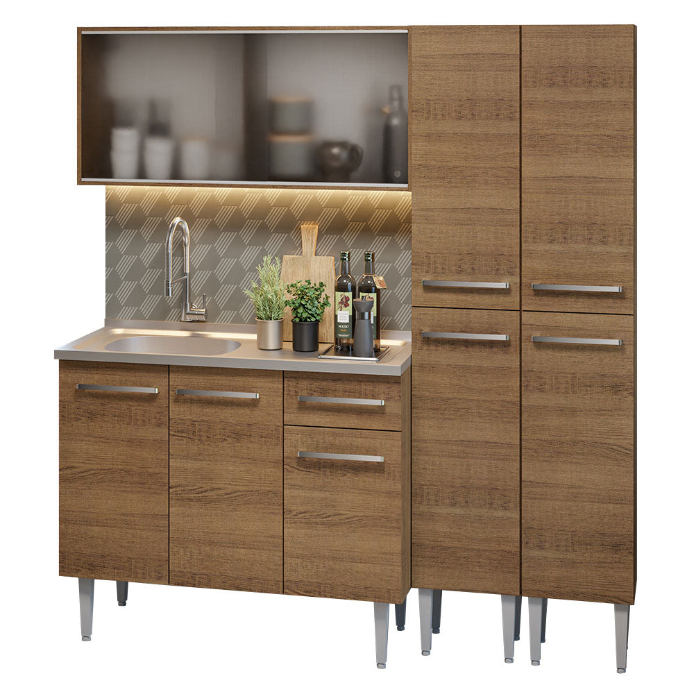 Cocina Compacta 169 cm 9 Puertas 1 Cajón Con Fregadero Marrón Emilly Madesa 01
