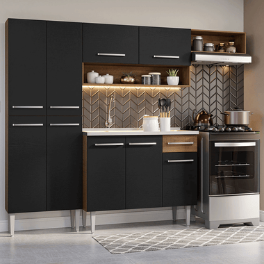 Cocina Compacta 229 cm Con Fregadero Marrón/Negro Emilly Madesa