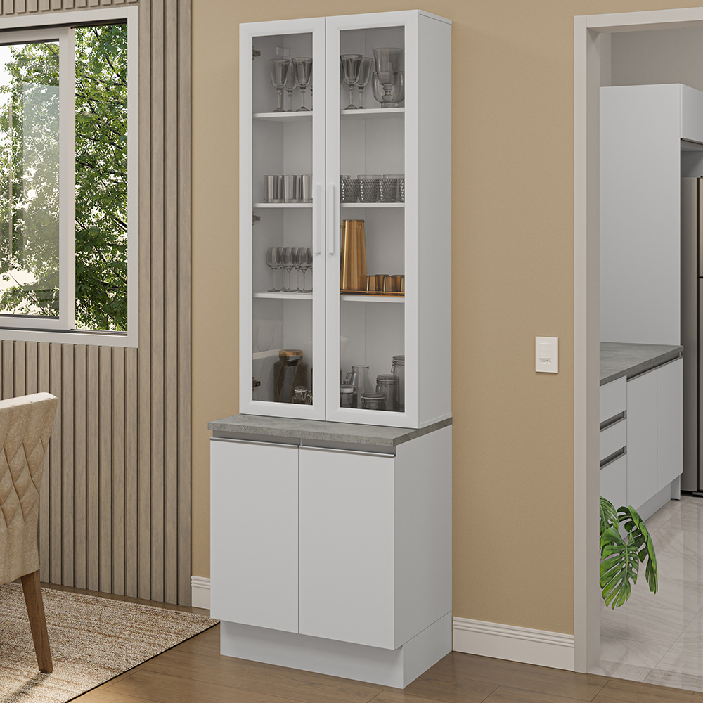 Kit Gabinete Bajo 2 Puertas y Vitrina 70 cm Blanco Glamy Madesa