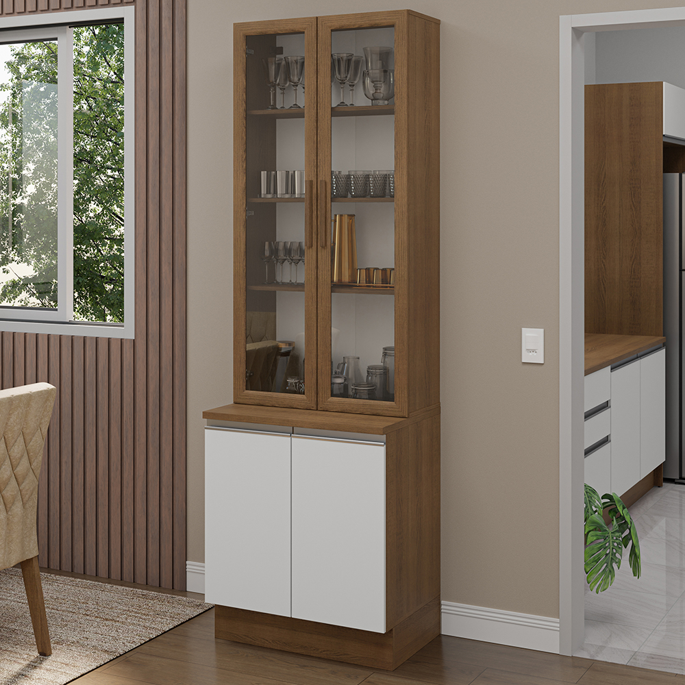Kit Gabinete Bajo 2 Puertas y Vitrina 70 cm Marrón/Blanco Glamy Madesa