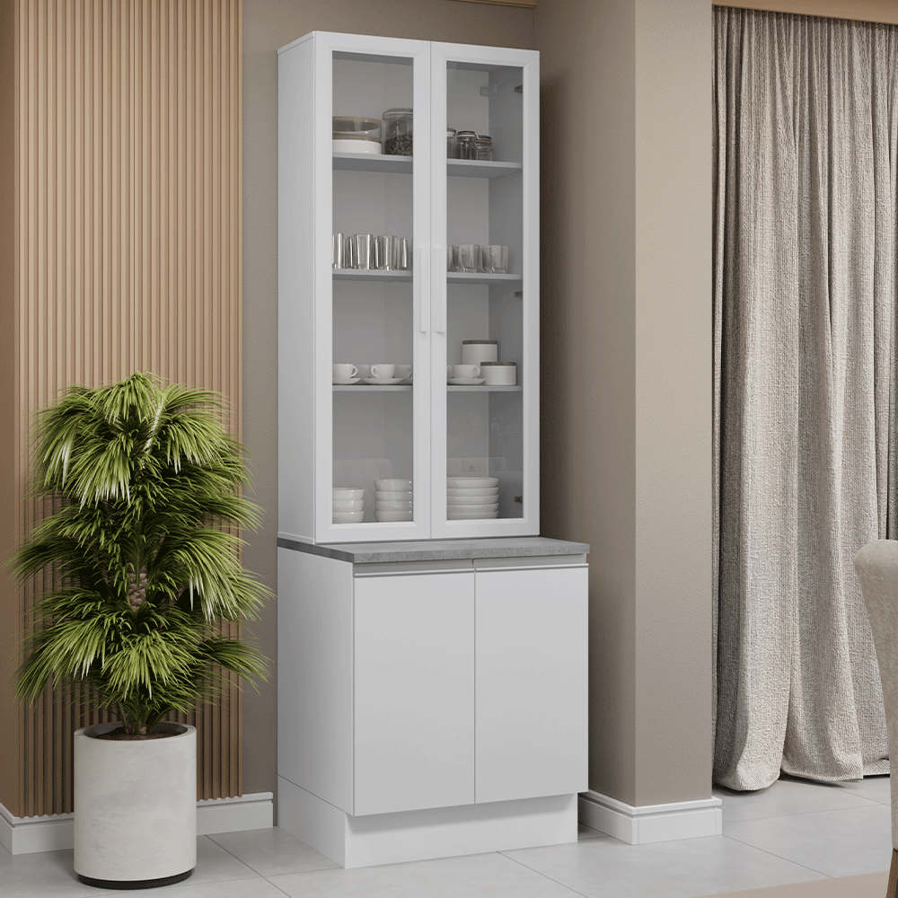Kit Gabinete Bajo 2 Puertas y Vitrina 70 cm Blanco Glamy Madesa