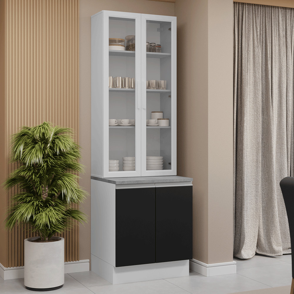Kit Gabinete Bajo 2 Puertas y Vitrina 70 cm Blanco/Negro Glamy Madesa