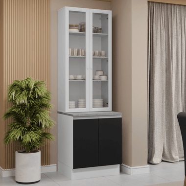 Kit Gabinete Bajo 2 Puertas y Vitrina 70 cm Blanco/Negro Glamy Madesa