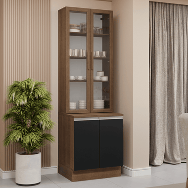 Kit Gabinete Bajo 2 Puertas y Vitrina 70 cm Marrón/Negro Glamy Madesa