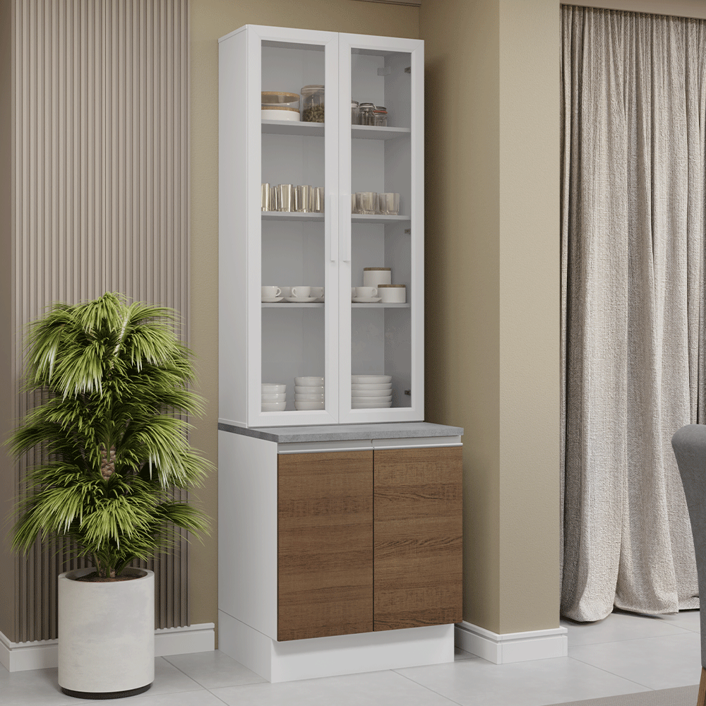 Kit Gabinete Bajo 2 Puertas y Vitrina 70 cm Blanco/Marrón Glamy Madesa