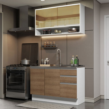 Cocina Compacta 120 cm Con Fregadero Blanco/Marrón Glamy Madesa