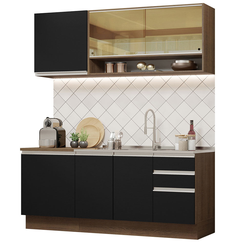 Cocina Compacta 180 x 52 cm 6 Puertas 3 Cajones Marrón/Negro Glamy Madesa 06