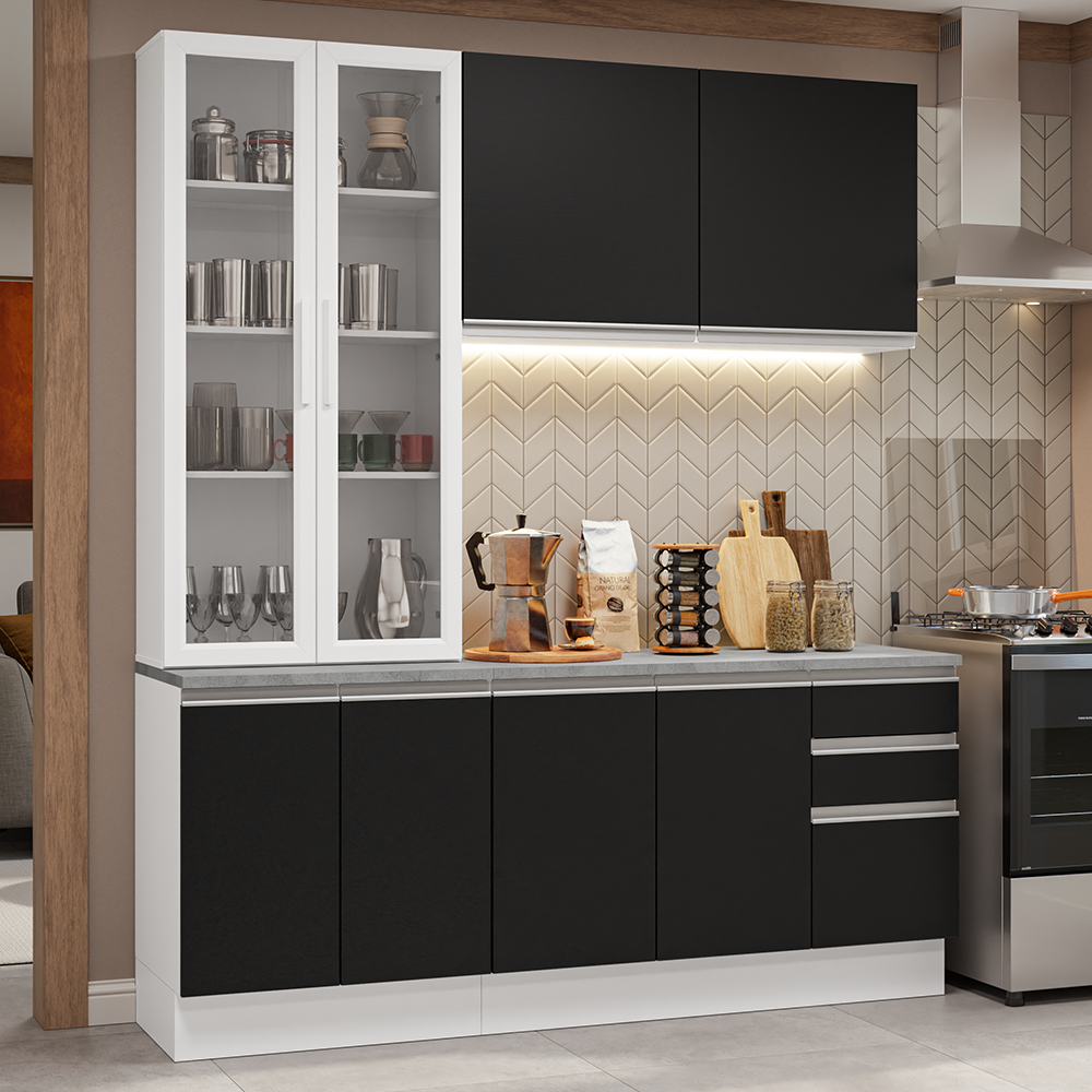 Cocina Compacta 190 cm Con Vitrina Blanco/Negro Glamy Madesa