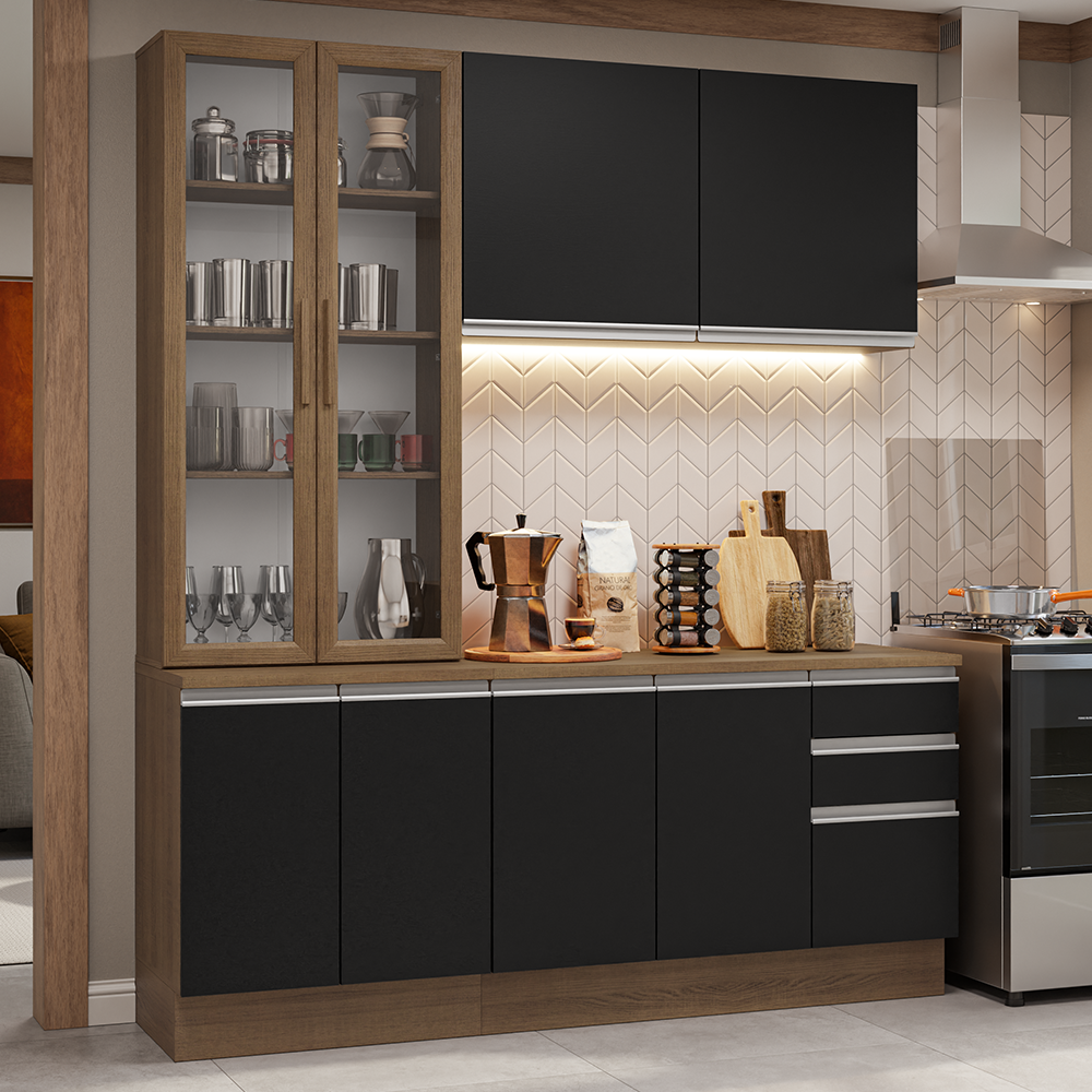 Cocina Compacta 190 cm Con Vitrina Marrón/Negro Glamy Madesa