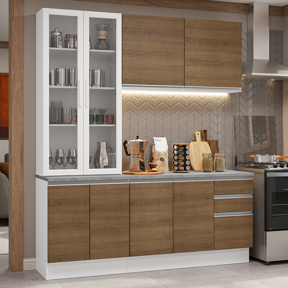 Cocina Compacta 190 cm Con Vitrina Blanco/Marrón Glamy Madesa
