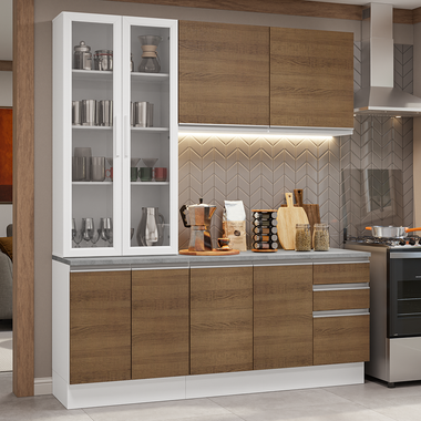 Cocina Compacta 190 cm Con Vitrina Blanco/Marrón Glamy Madesa