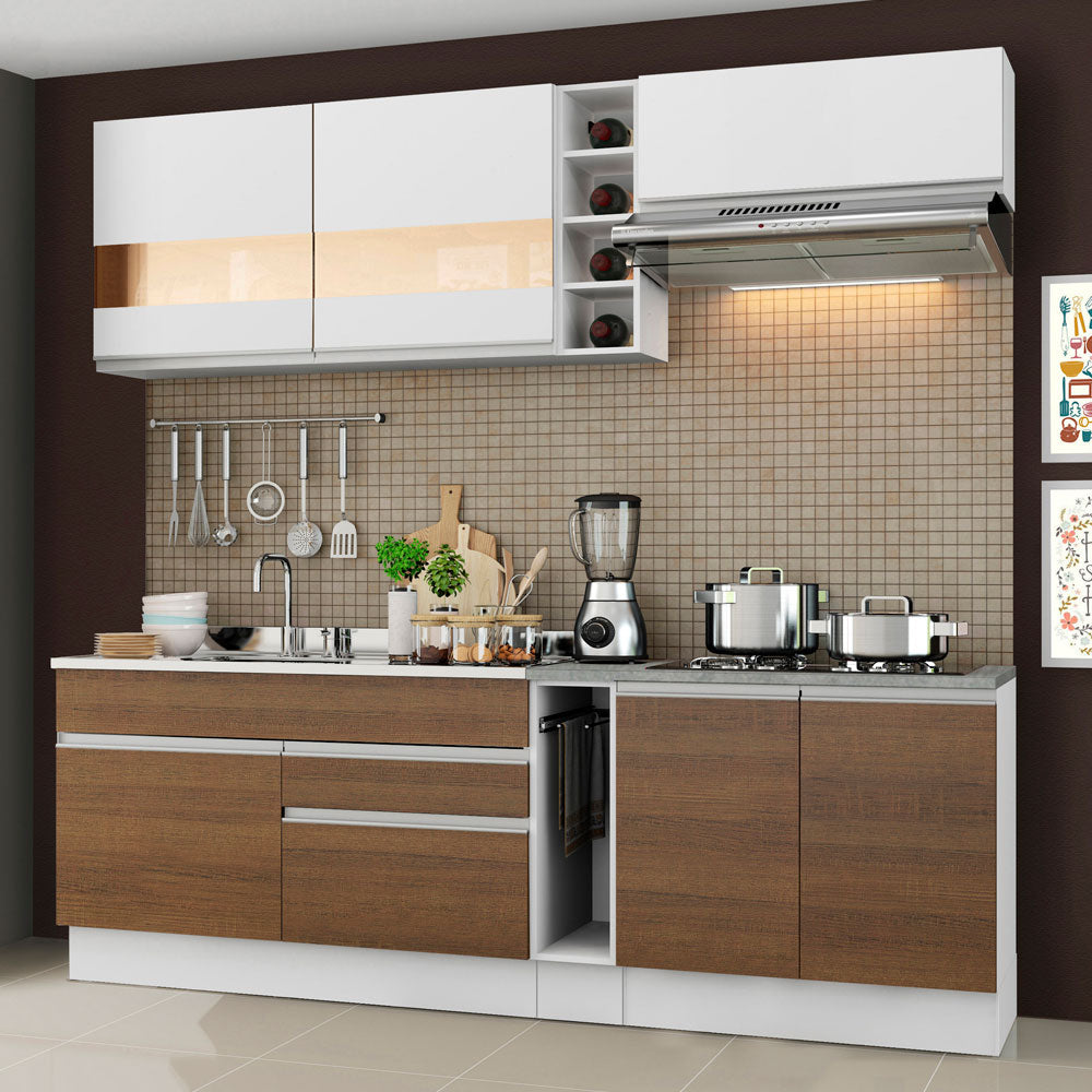 Cocina Compacta 220 x 52 cm 6 Puertas 2 Cajones Blanco/Marrón Glamy Madesa 03