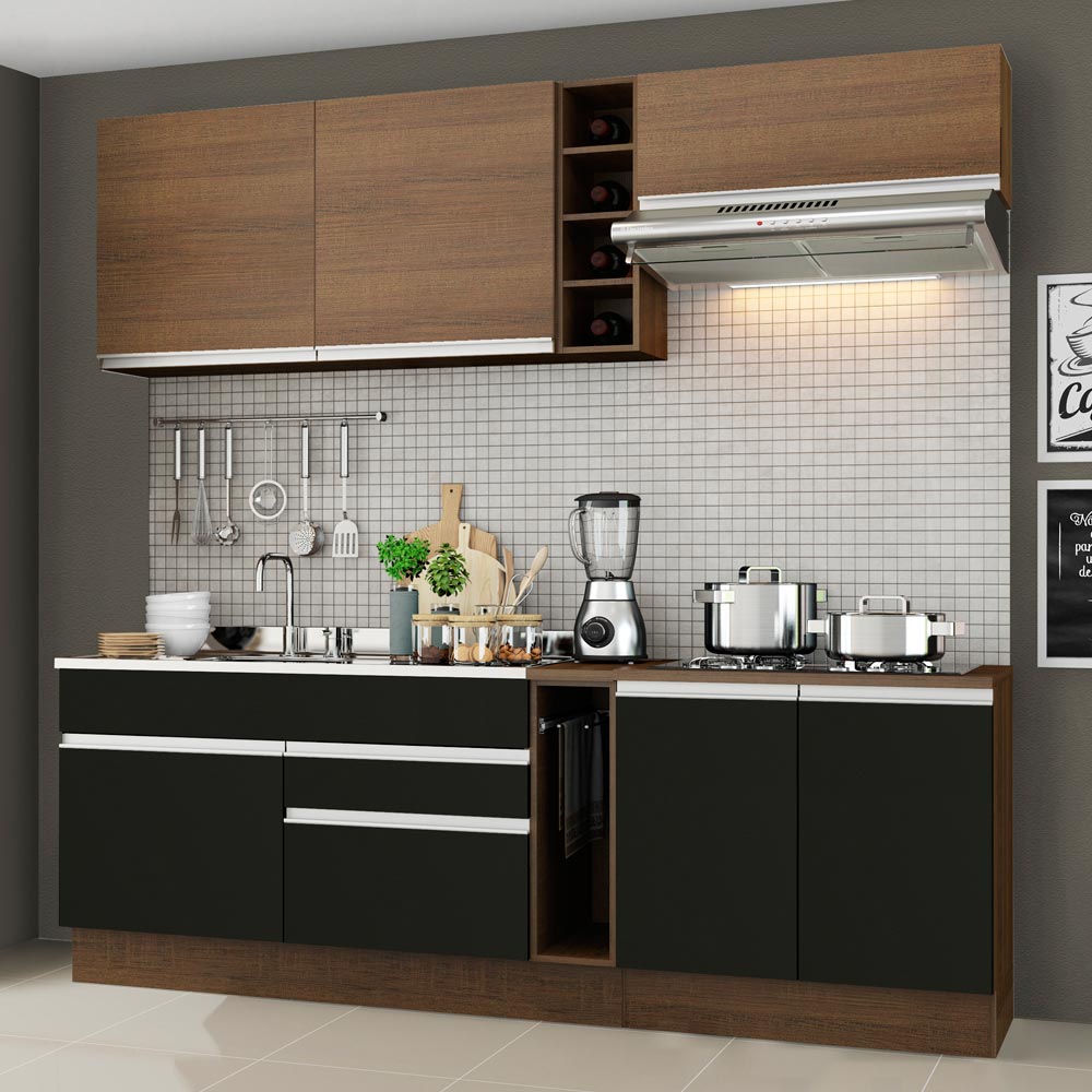 Cocina Compacta 220 x 52 cm 6 Puertas 2 Cajones Marrón/Negro Glamy Madesa 08