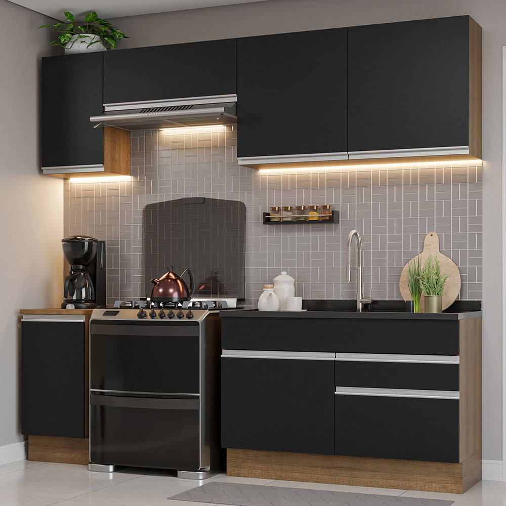 Cocina Integral 240 x 52 cm 6 Puertas 2 Cajones Marrón/Negro Glamy Madesa 07