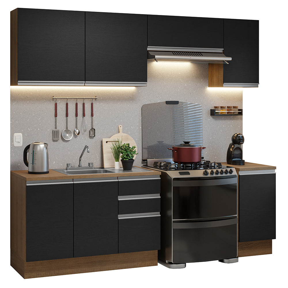 Cocina Integral 240 cm Con Fregadero y Accesorios de Cocina Marrón/Negro Glamy Madesa
