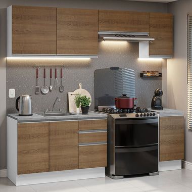 Cocina Integral 240 cm Con Fregadero y Accesorios de Cocina Blanco/Marrón Glamy Madesa