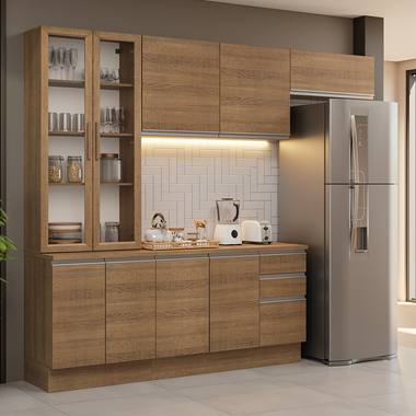 Cocina Integral 270 cm Con Vitrina Marrón Glamy Madesa