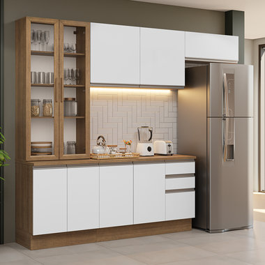 Cocina Integral 270 cm Con Vitrina Marrón/Blanco Glamy Madesa