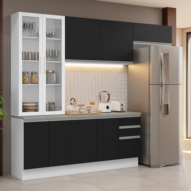 Cocina Integral 270 cm Con Vitrina Blanco/Negro Glamy Madesa